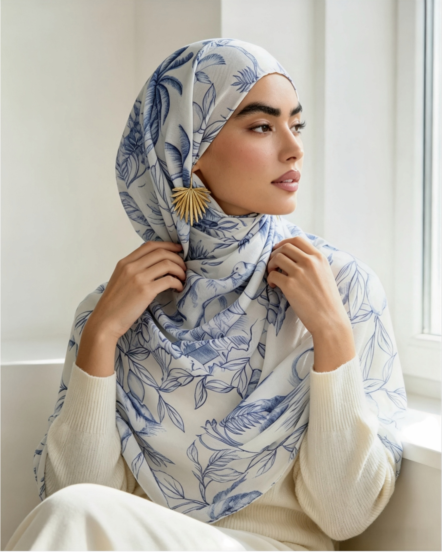 White Blue Tropical Leaf Line Art Hijab Shawl – Botanical Modest Head Scarf (80×180cm) - product image 3 of 10 | Lunar Elegance