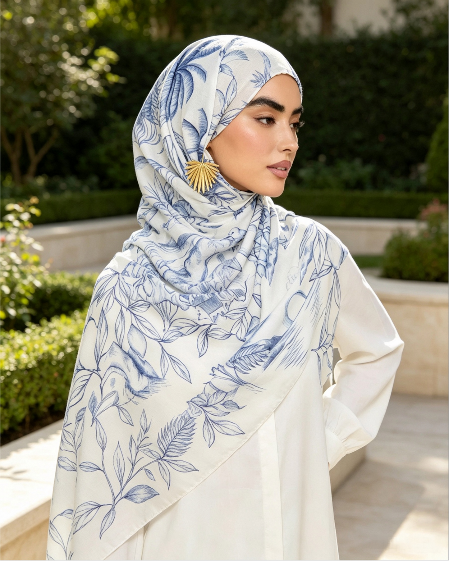White Blue Tropical Leaf Line Art Hijab Shawl – Botanical Modest Head Scarf (80×180cm) - product image 4 of 10 | Lunar Elegance