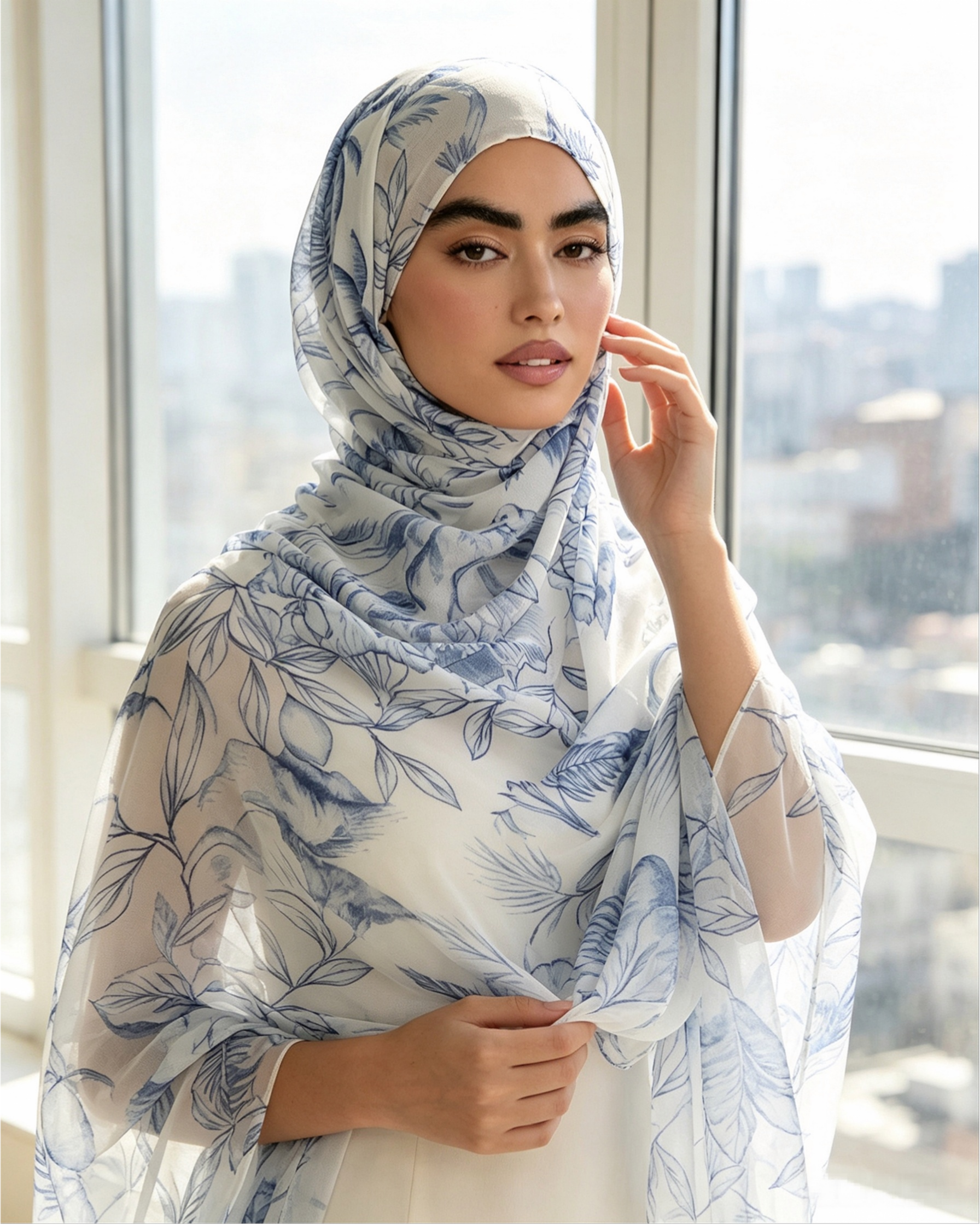 White Blue Tropical Leaf Line Art Hijab Shawl – Botanical Modest Head Scarf (80×180cm) - product image 5 of 10 | Lunar Elegance