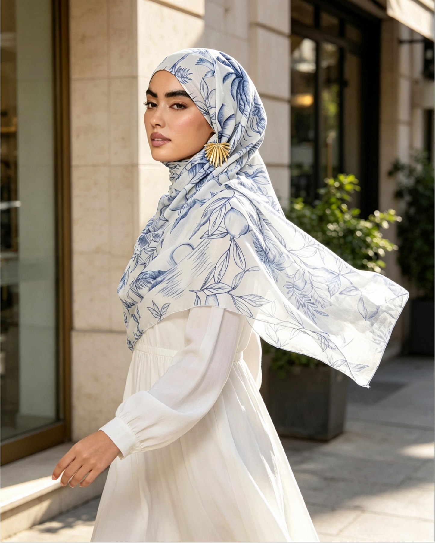 White Blue Tropical Leaf Line Art Hijab Shawl – Botanical Modest Head Scarf (80×180cm) - product image 6 of 10 | Lunar Elegance