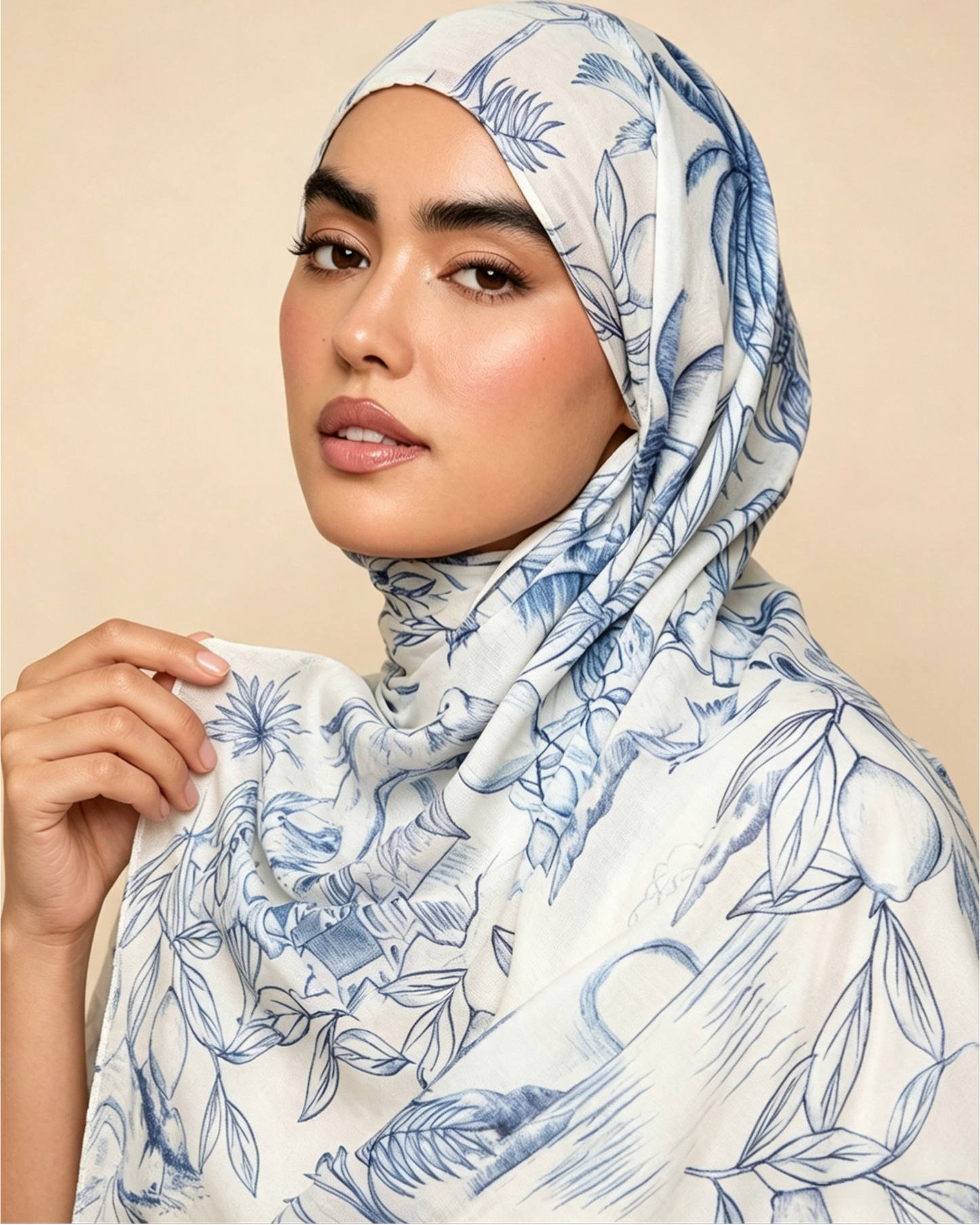White Blue Tropical Leaf Line Art Hijab Shawl – Botanical Modest Head Scarf (80×180cm) - product image 7 of 10 | Lunar Elegance
