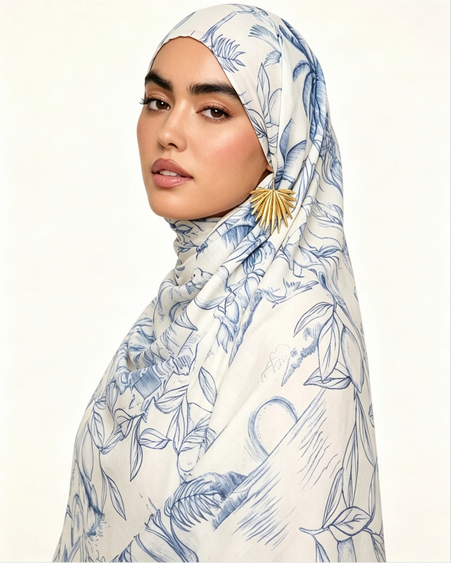 White Blue Tropical Leaf Line Art Hijab Shawl – Botanical Modest Head Scarf (80×180cm) - product image 8 of 10 | Lunar Elegance