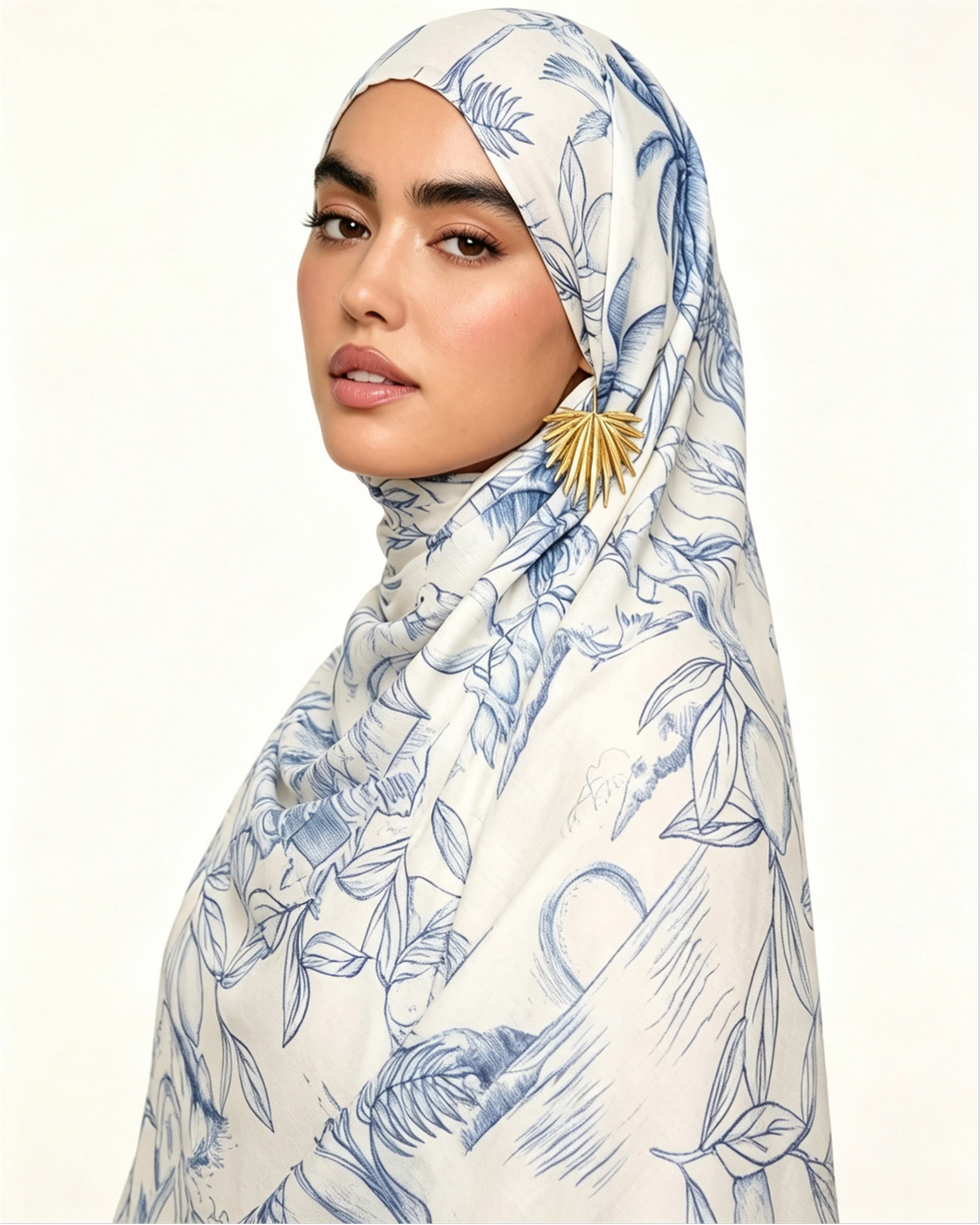 White Blue Tropical Leaf Line Art Hijab Shawl – Botanical Modest Head Scarf (80×180cm) - product image 8 of 10 | Lunar Elegance