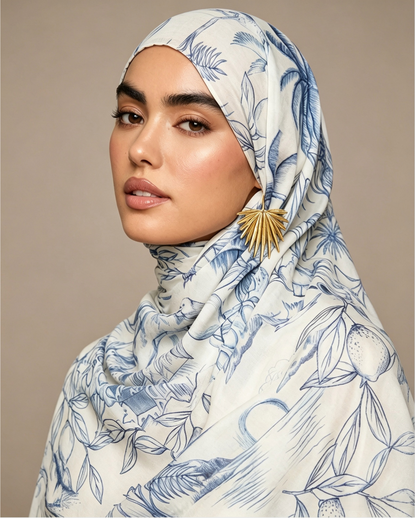 White Blue Tropical Leaf Line Art Hijab Shawl – Botanical Modest Head Scarf (80×180cm) - product image 9 of 10 | Lunar Elegance