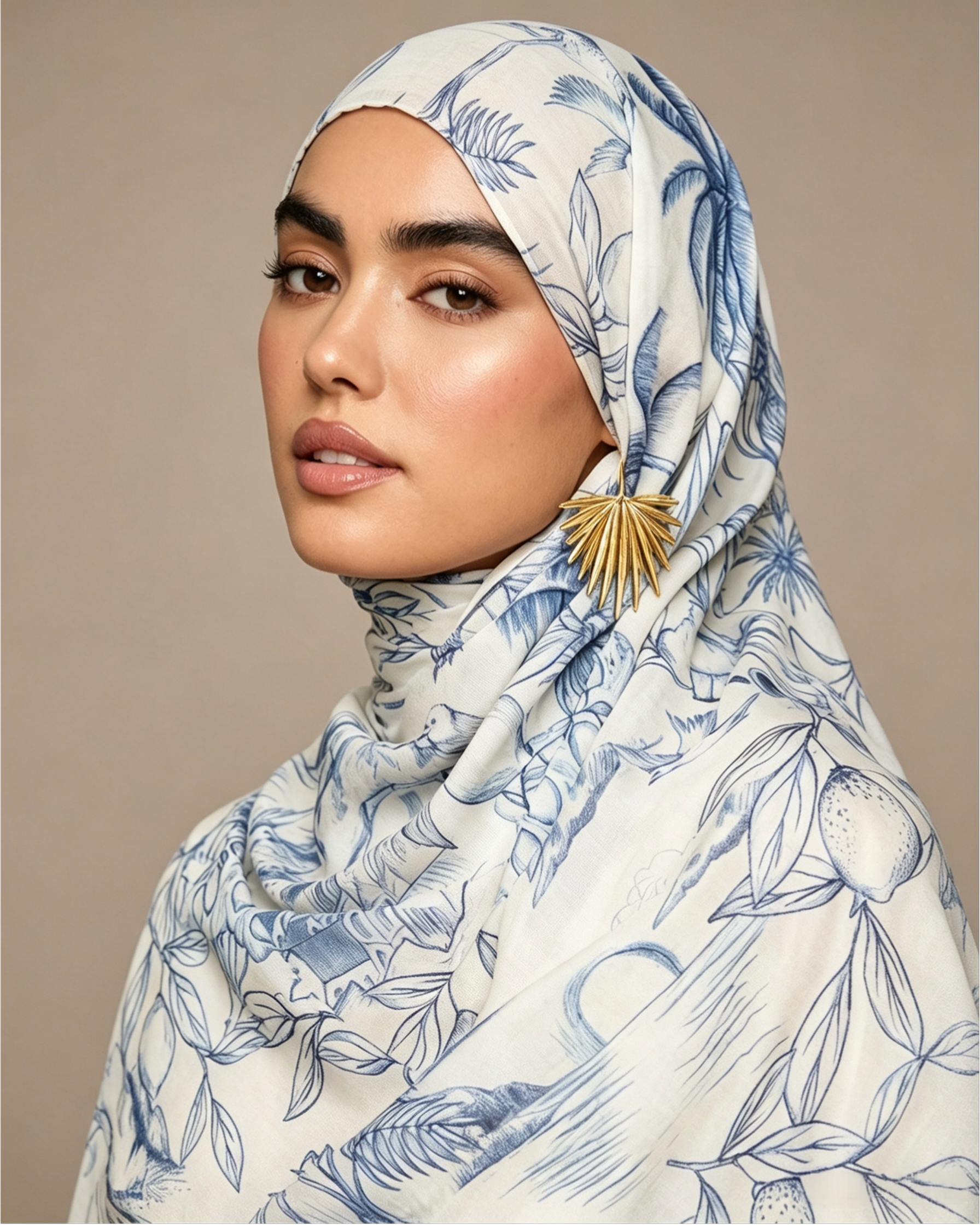 White Blue Tropical Leaf Line Art Hijab Shawl – Botanical Modest Head Scarf (80×180cm) - product image 9 of 10 | Lunar Elegance