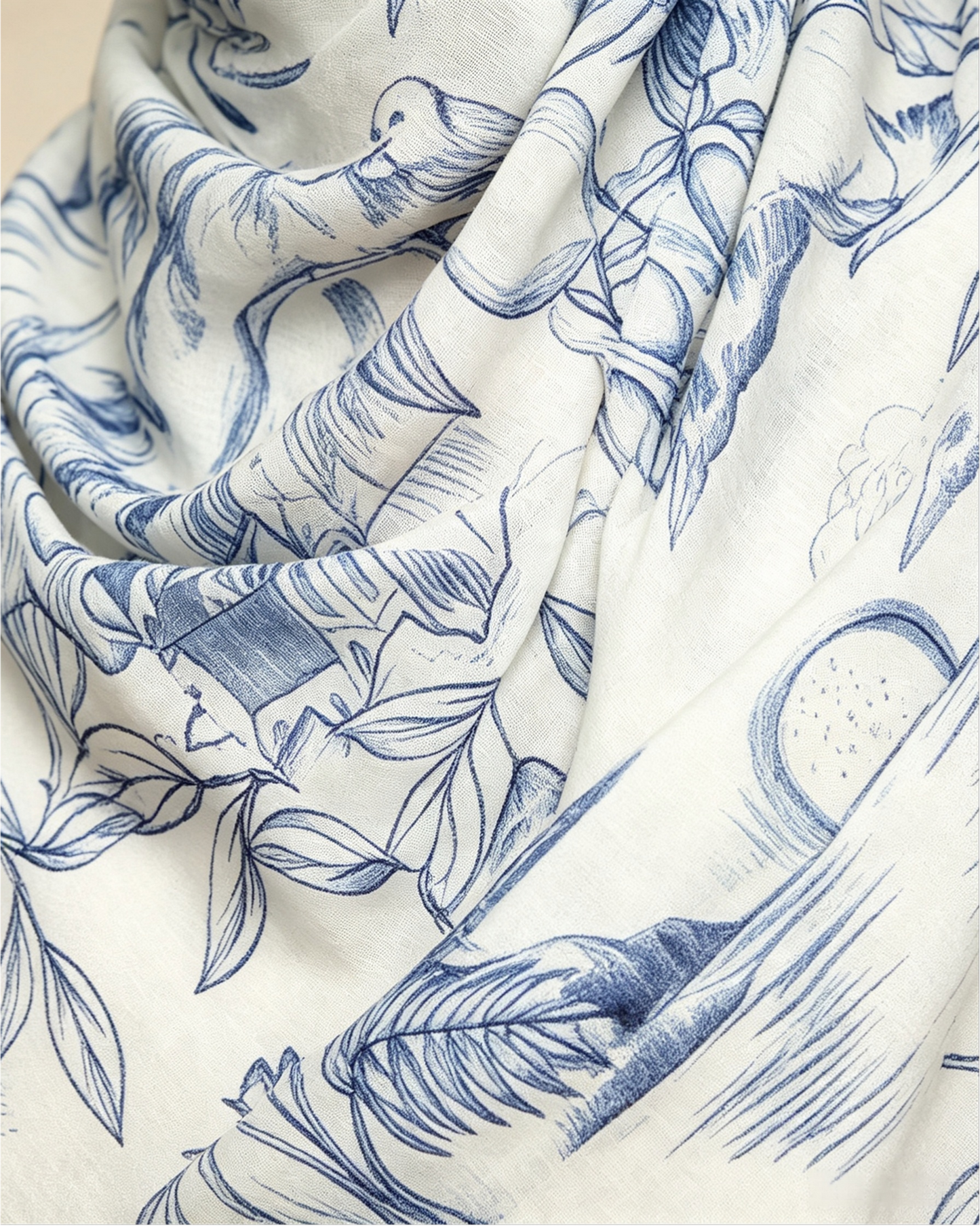 White Blue Tropical Leaf Line Art Hijab Shawl – Botanical Modest Head Scarf (80×180cm) - product image 10 of 10 | Lunar Elegance