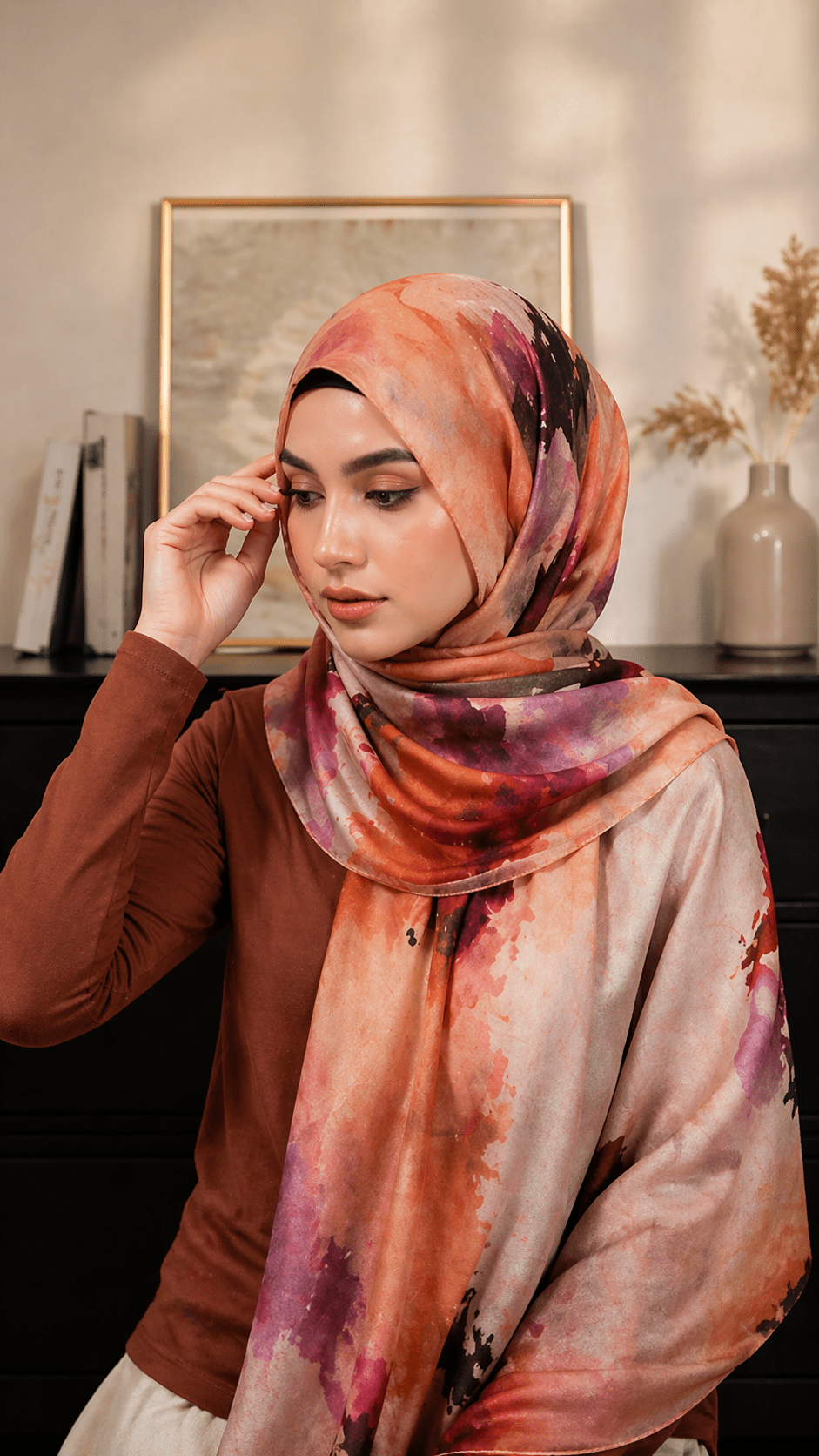 Watercolor Print Satin hijab shawl - view 4