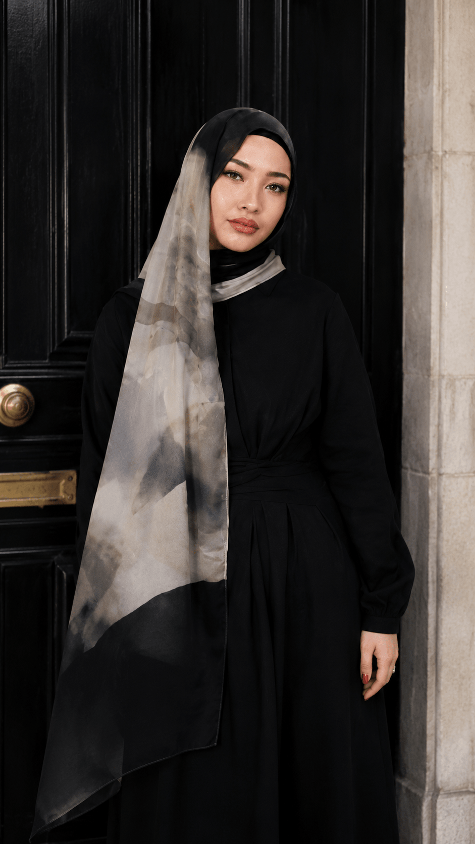 Taupe Grey Black Ink Cloud hijab shawl - view 2