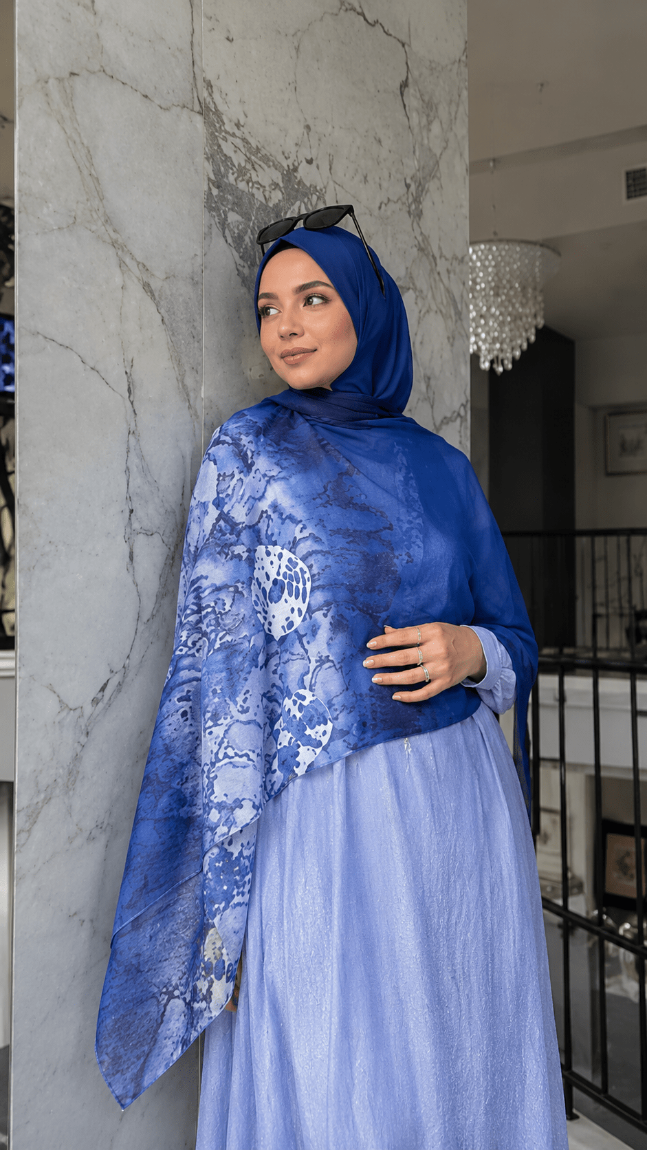 Royal Blue White Porcelain Map hijab shawl - view 2