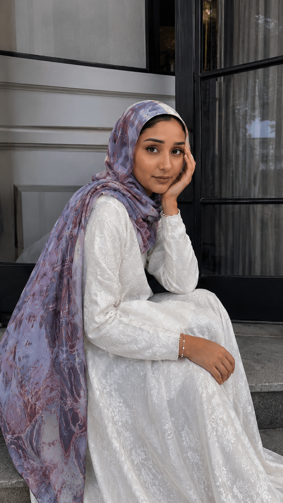 Lavender Grey Rose Brown Crackle Shibori hijab shawl - view 2