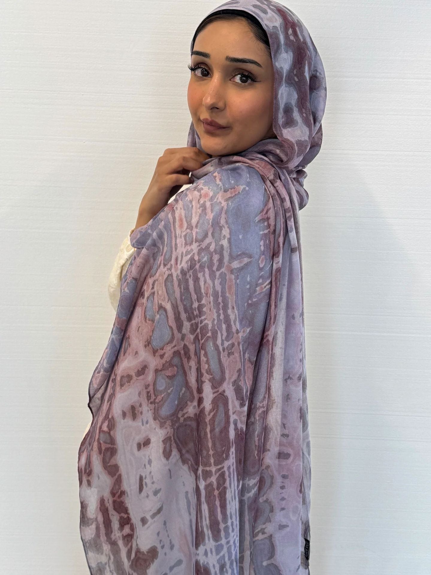 Lavender Grey Rose Brown Crackle Shibori hijab shawl - view 1