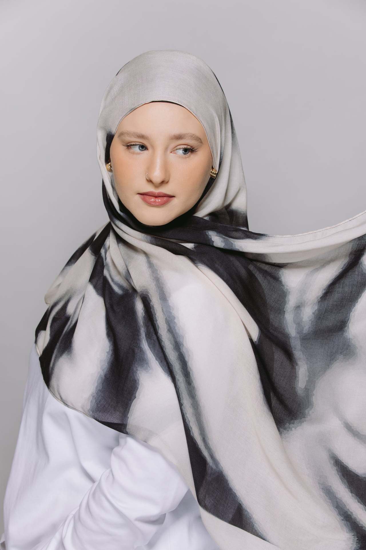 White Grey Black Abstract Brushstroke hijab shawl - view 1