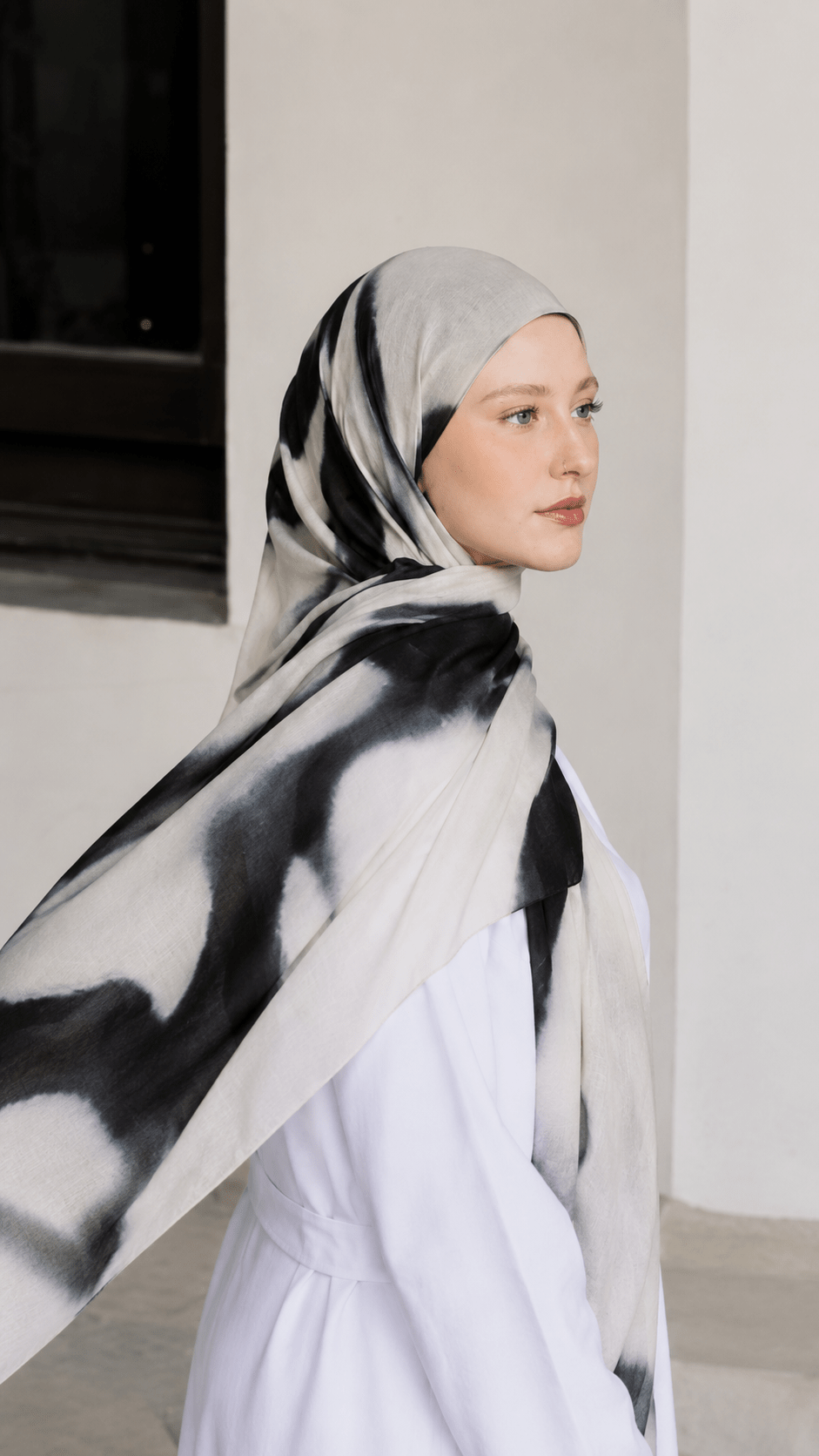 White Grey Black Abstract Brushstroke hijab shawl - view 2