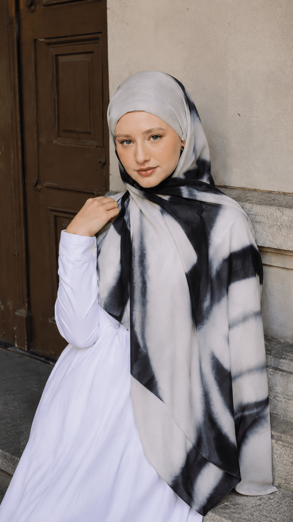 White Grey Black Abstract Brushstroke hijab shawl - view 3