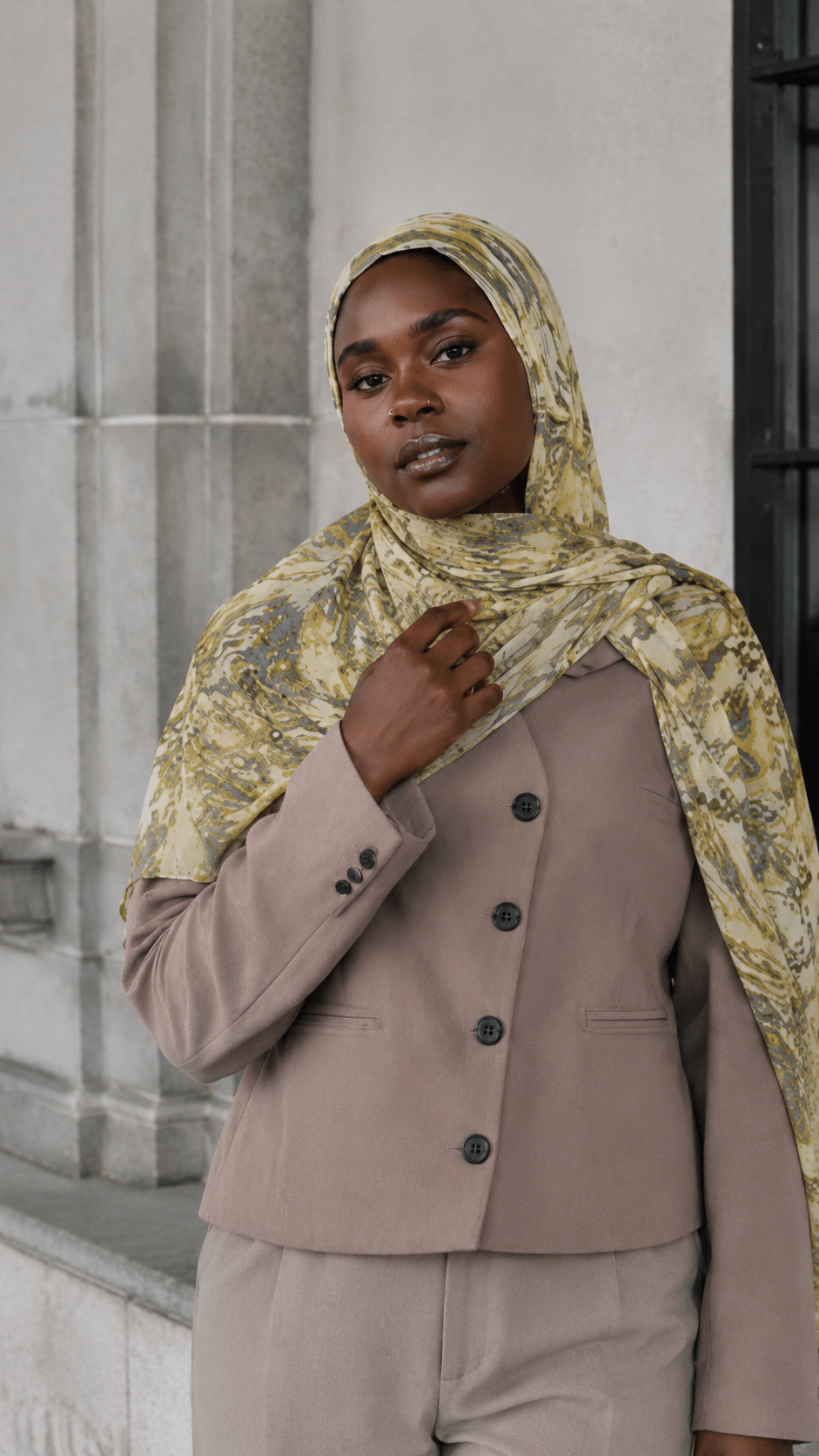 Cream Olive Green Grey Tiger Eye Marble hijab shawl - view 2