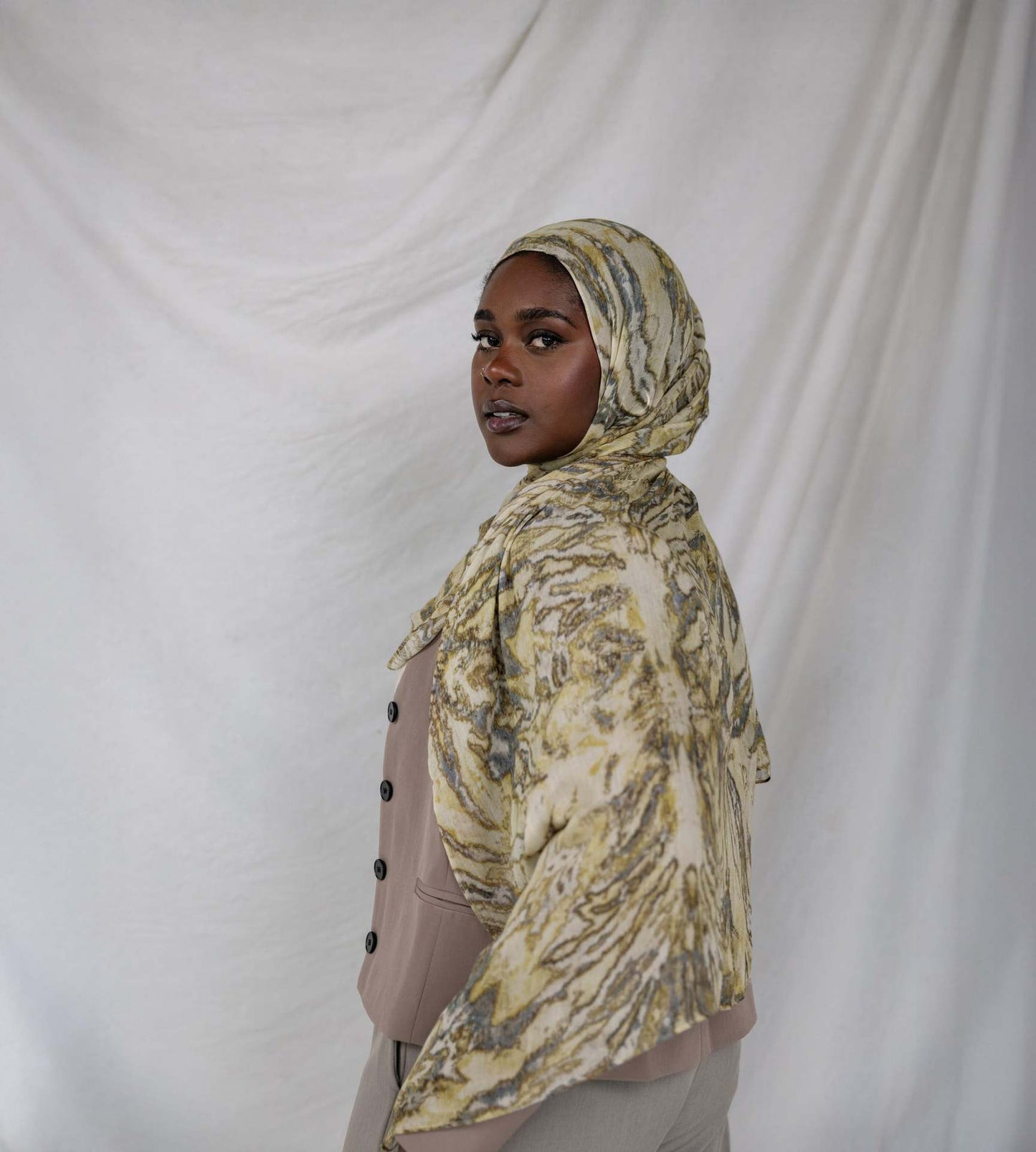 Cream Olive Green Grey Tiger Eye Marble hijab shawl - view 1