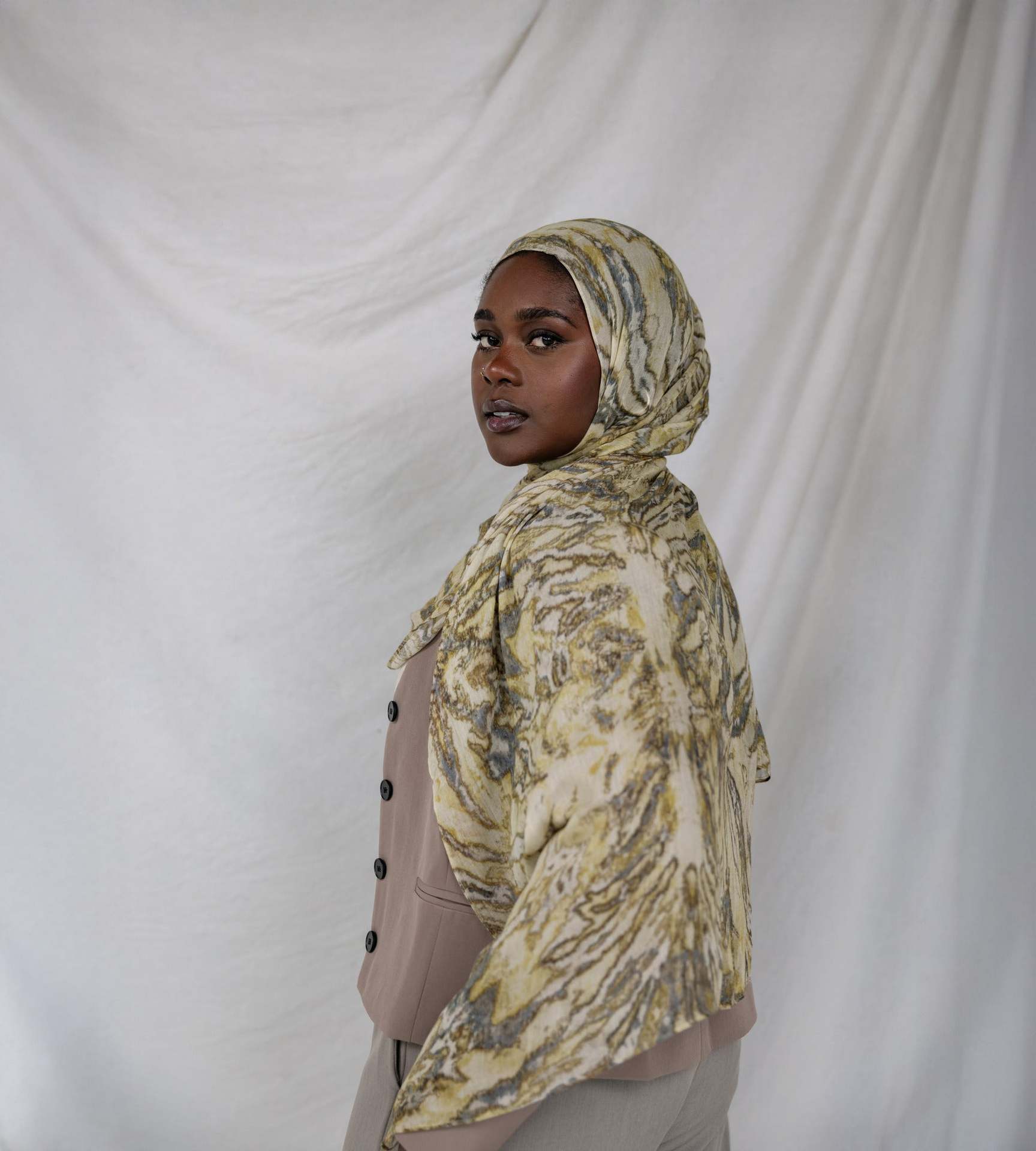 Cream Olive Green Grey Tiger Eye Marble hijab shawl - view 1