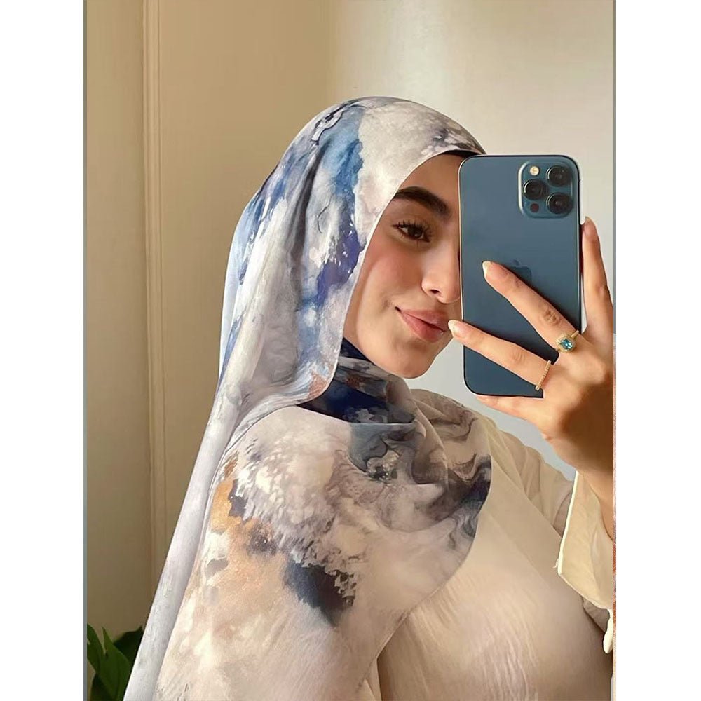 White Grey Blue Gold Abstract Oil Paint hijab shawl - view 1