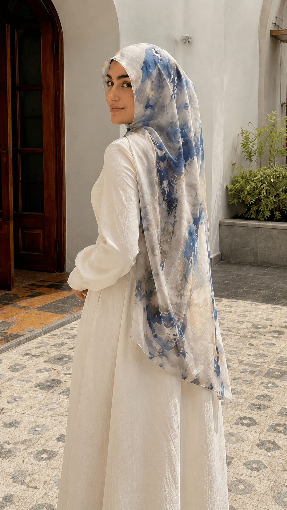 White Grey Blue Gold Abstract Oil Paint hijab shawl - view 4