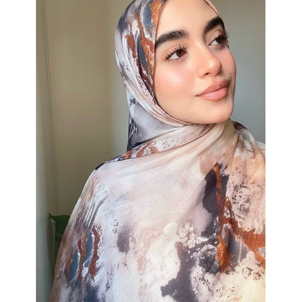 Sand Grey Rust Brown Abstract Ink Wash hijab shawl - view 1
