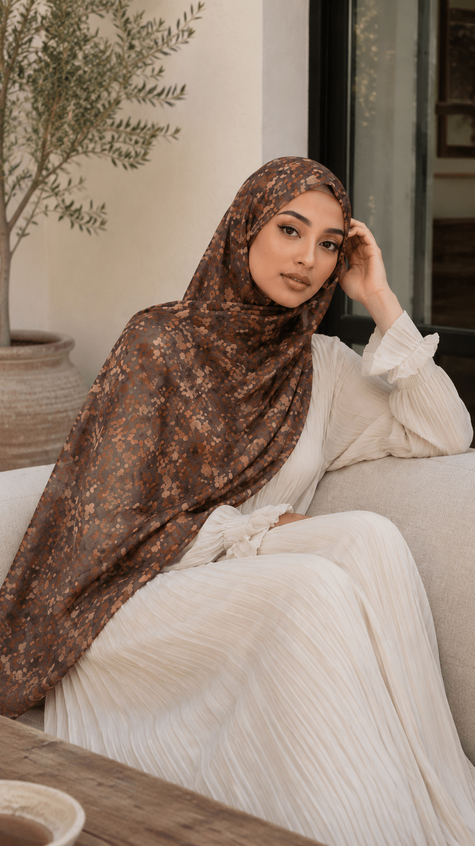 Chocolate Brown Caramel Tortoiseshell Watercolor hijab shawl - view 3