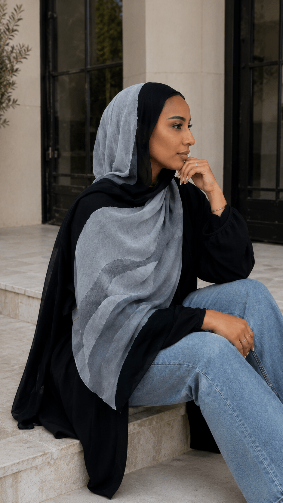 Black Border Silver Grey Watercolor hijab shawl - view 3