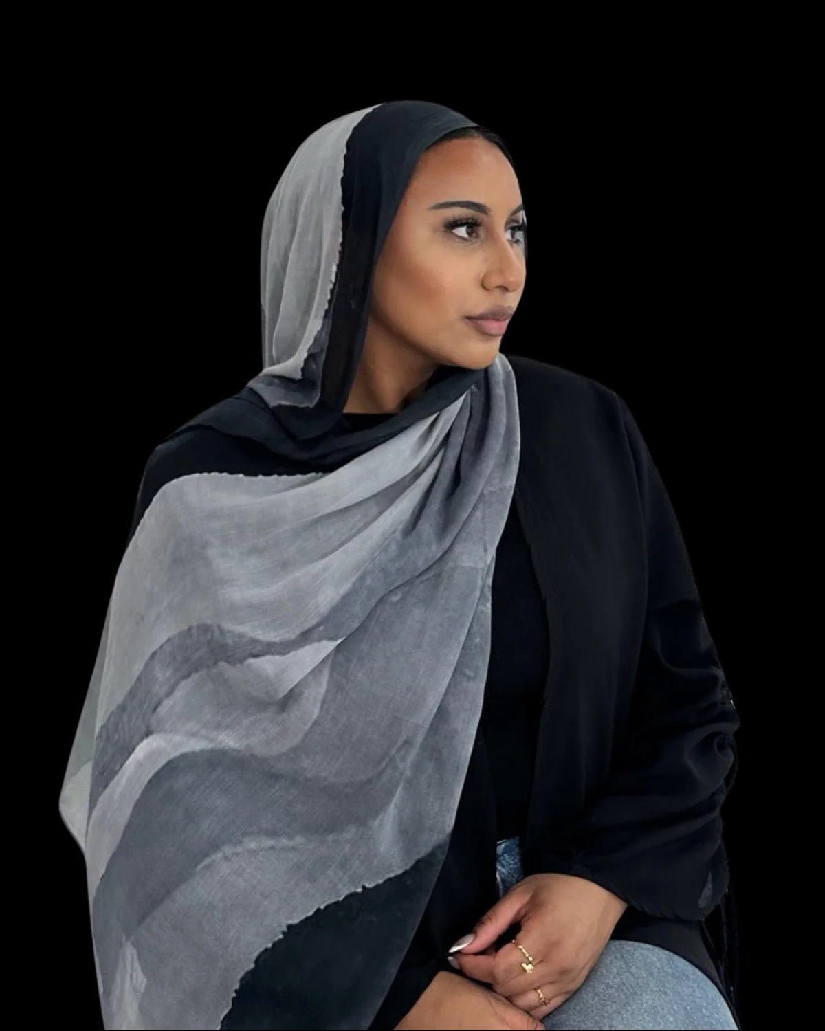 Black Border Silver Grey Watercolor hijab shawl - view 1