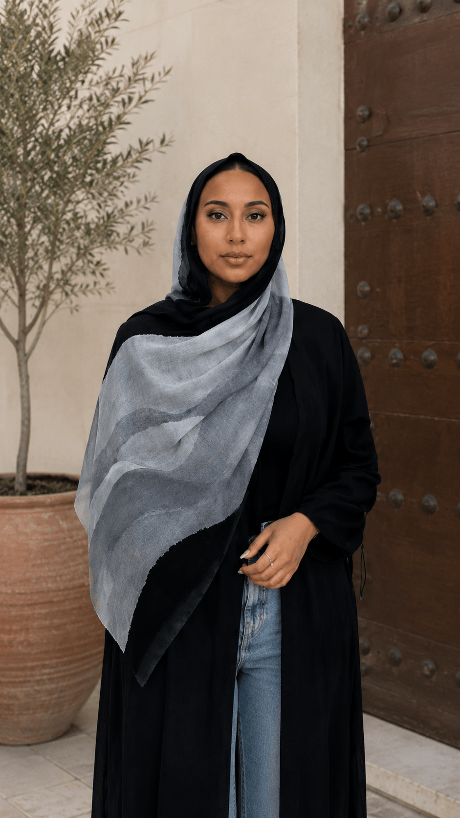 Black Border Silver Grey Watercolor hijab shawl - view 2