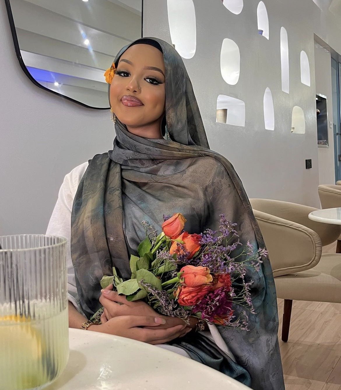 Sage Green Jacquard Floral hijab shawl - view 1