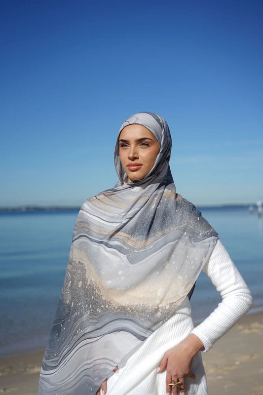 Grey Blue Sand Beige Ocean Wave Marble hijab shawl - view 1