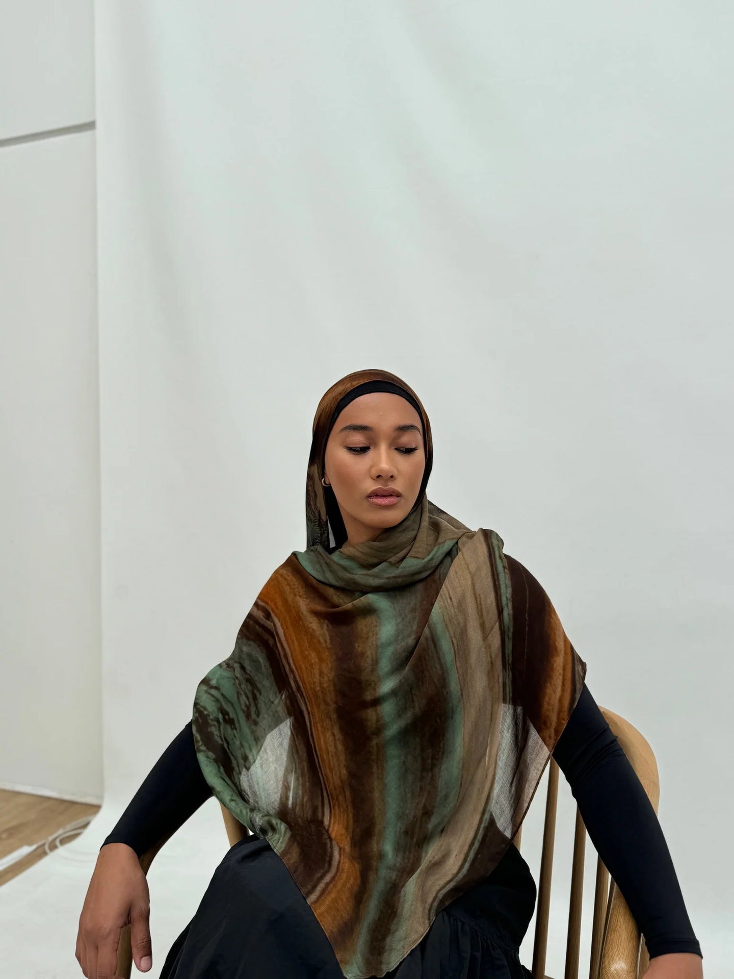 Olive Green Caramel Brown White Oil Paint Stripe hijab shawl - view 1