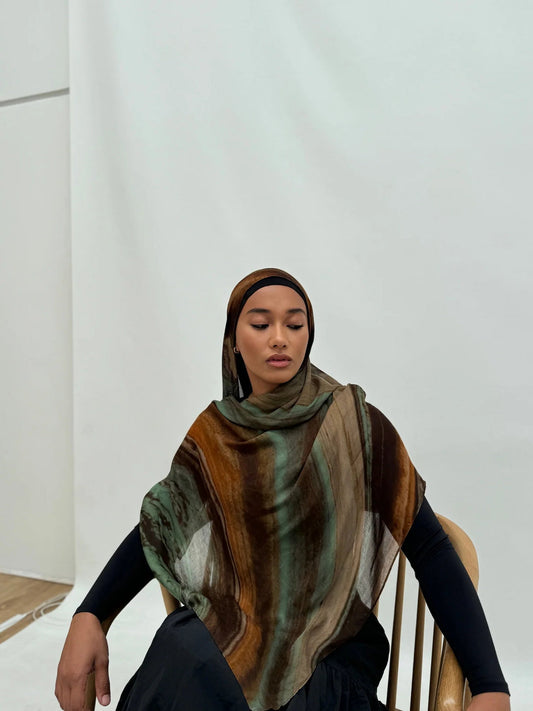 Olive Green Caramel Brown White Oil Paint Stripe hijab shawl - view 1