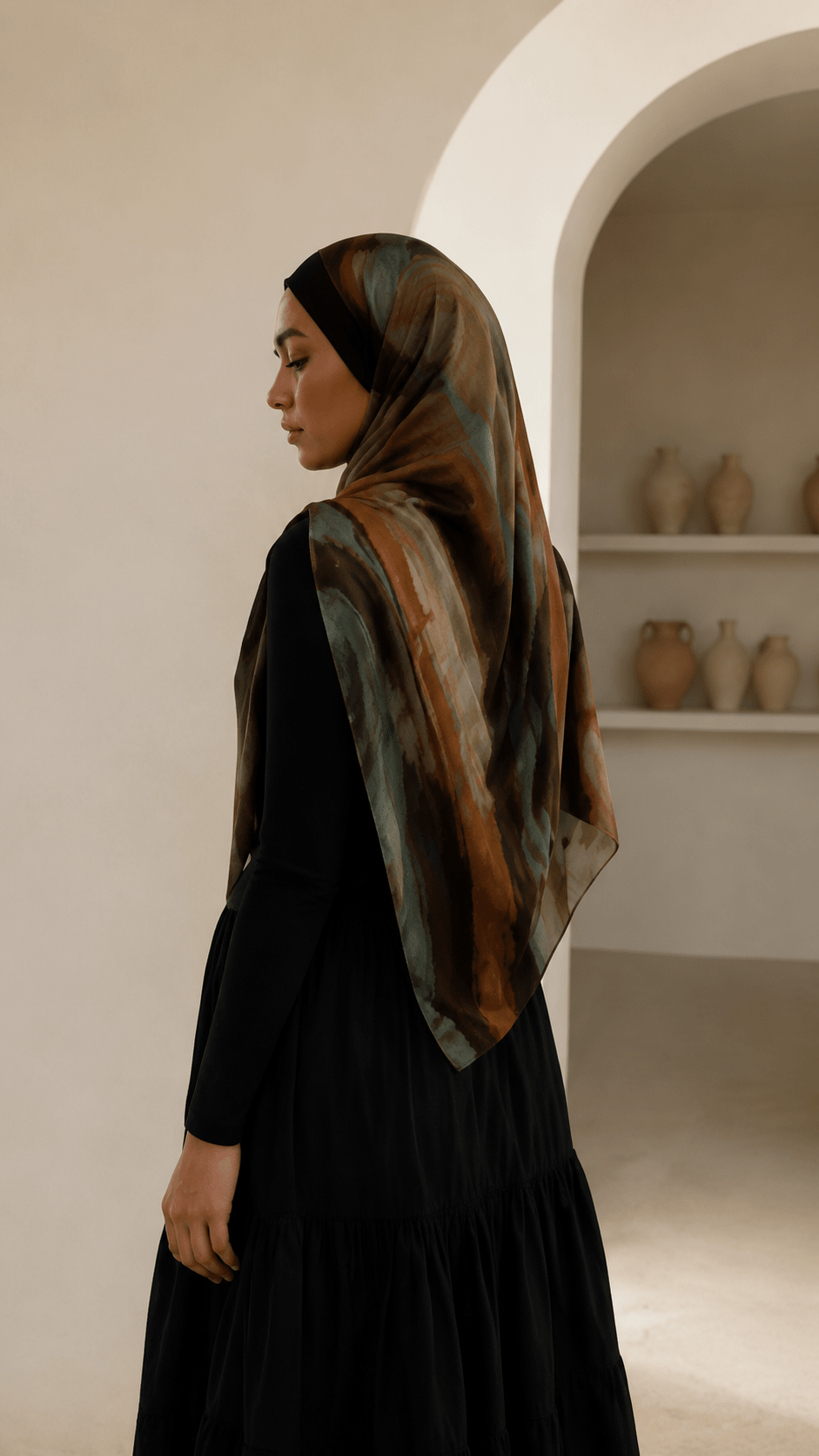 Olive Green Caramel Brown White Oil Paint Stripe hijab shawl - view 3