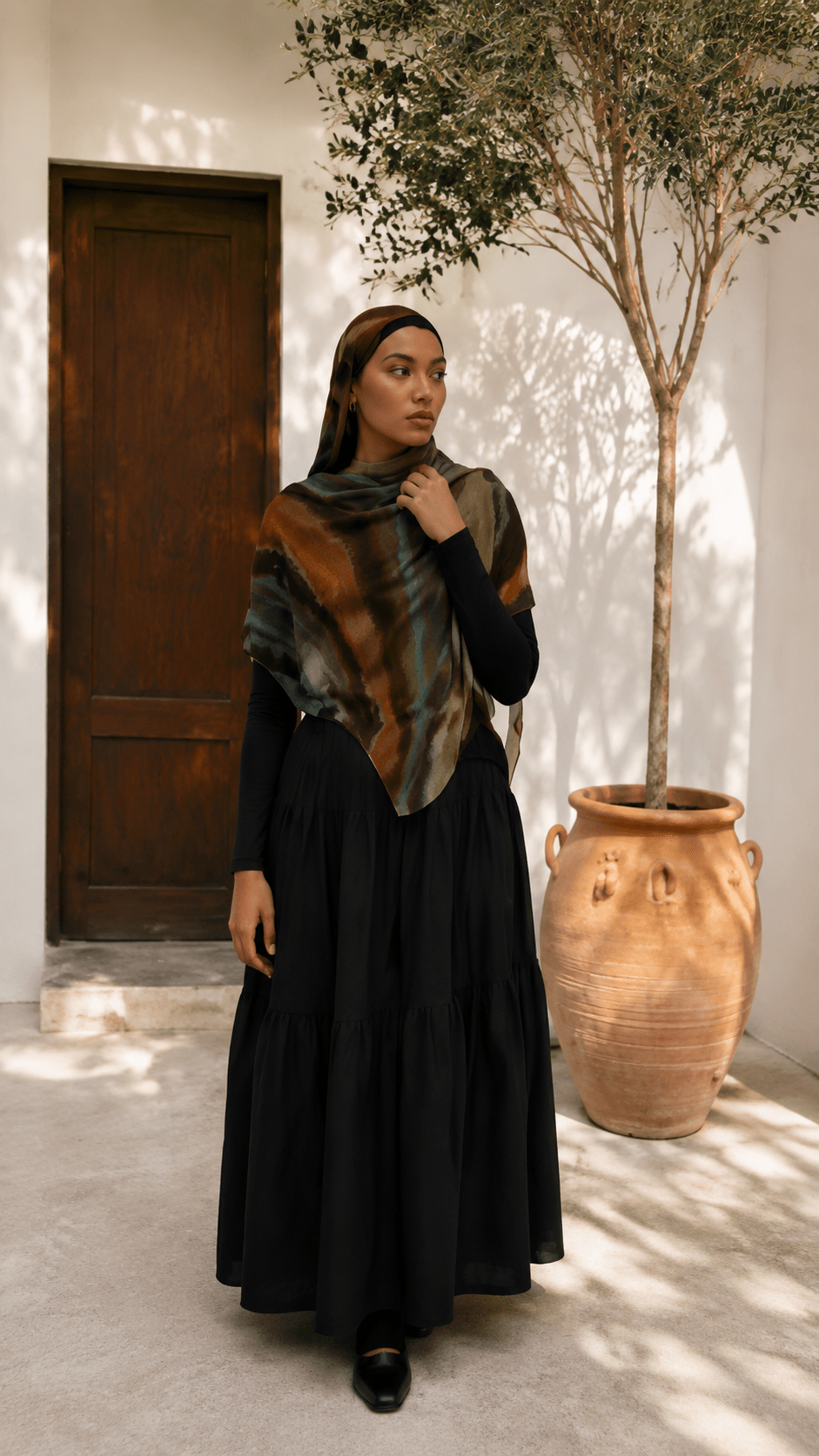 Olive Green Caramel Brown White Oil Paint Stripe hijab shawl - view 2
