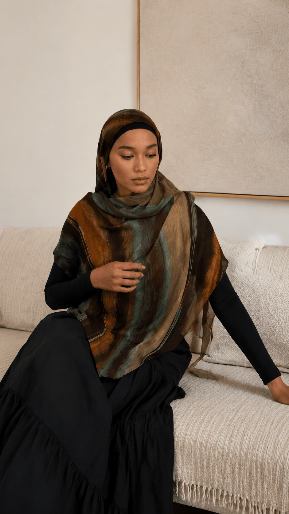 Olive Green Caramel Brown White Oil Paint Stripe hijab shawl - view 4