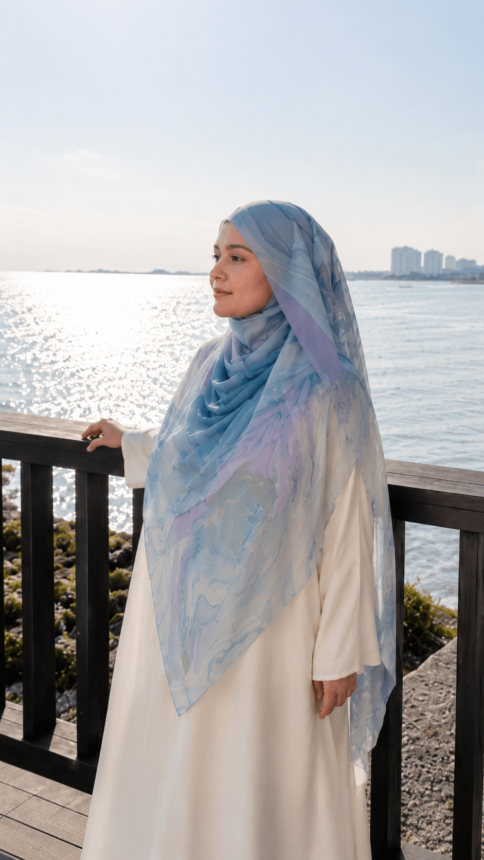 Ice Blue White Marble Cloud hijab shawl - view 3