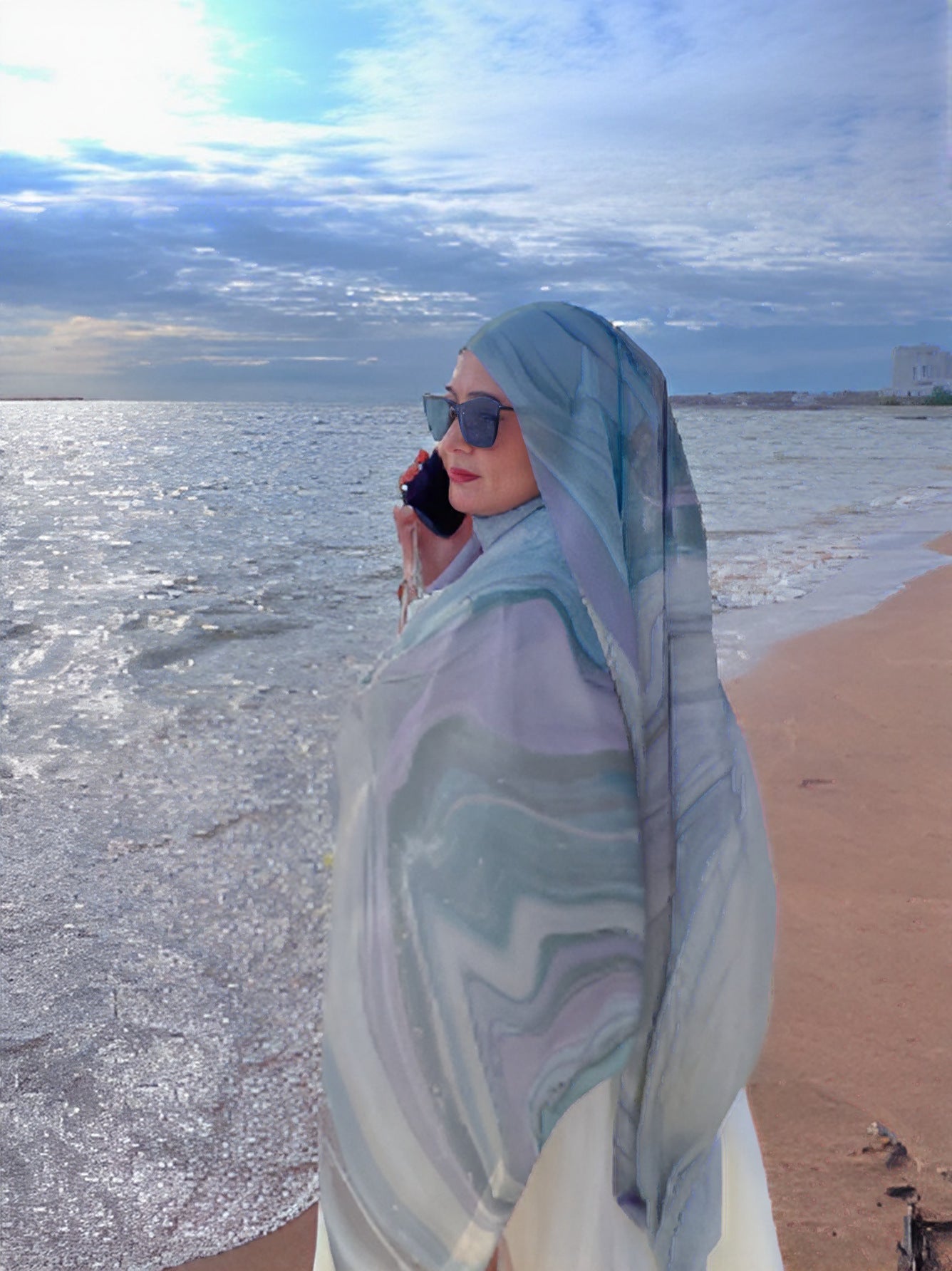 Ice Blue White Marble Cloud hijab shawl - view 1
