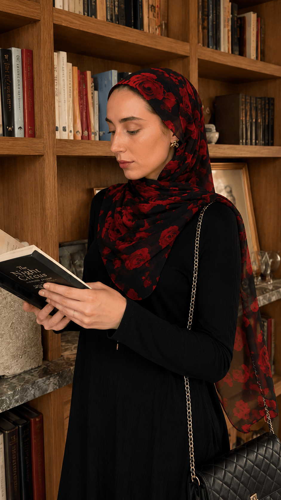 Black Red Rose Floral hijab shawl - view 5