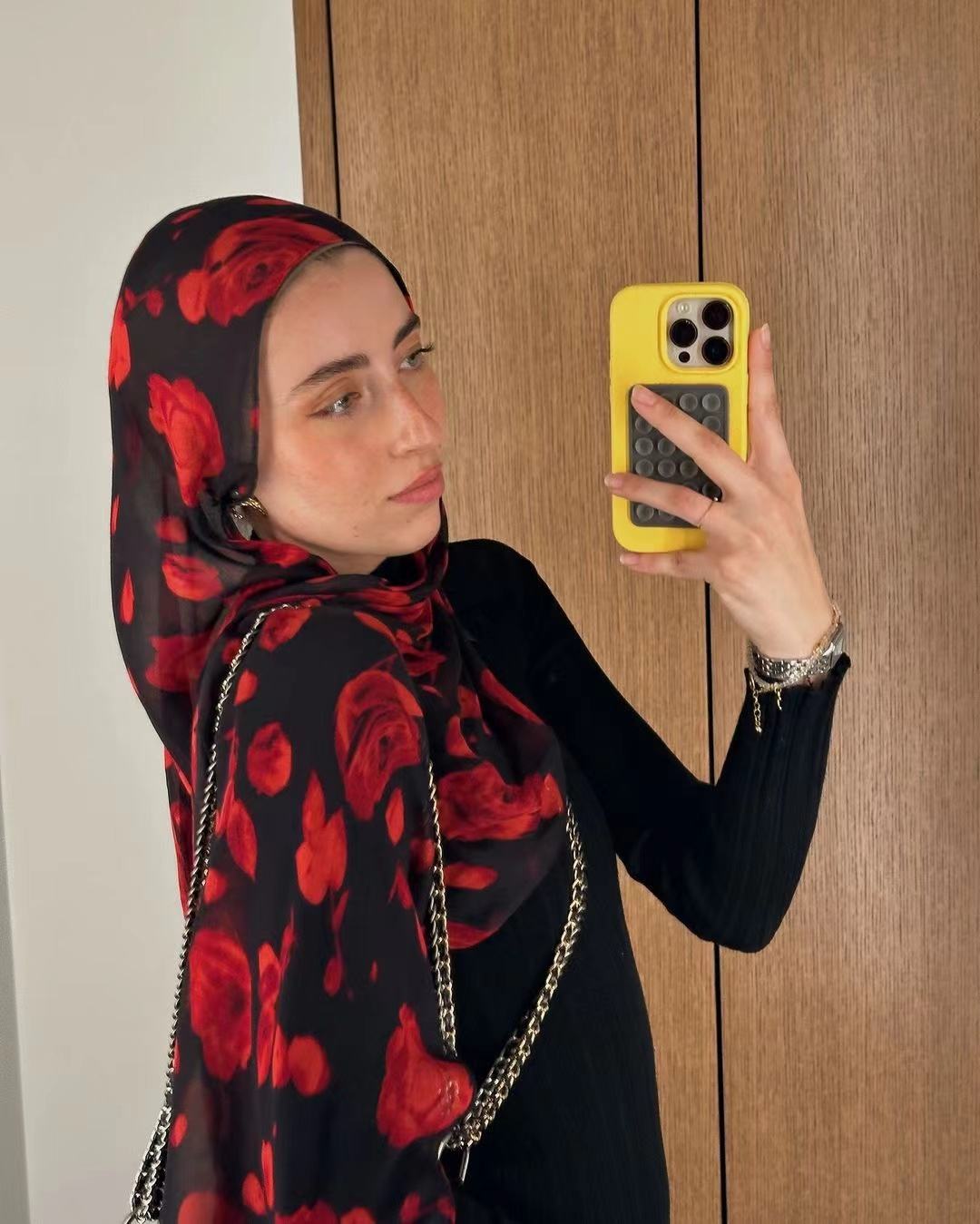 Black Red Rose Floral hijab shawl - view 1
