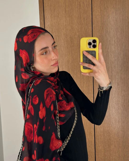 Black Red Rose Floral hijab shawl - view 1