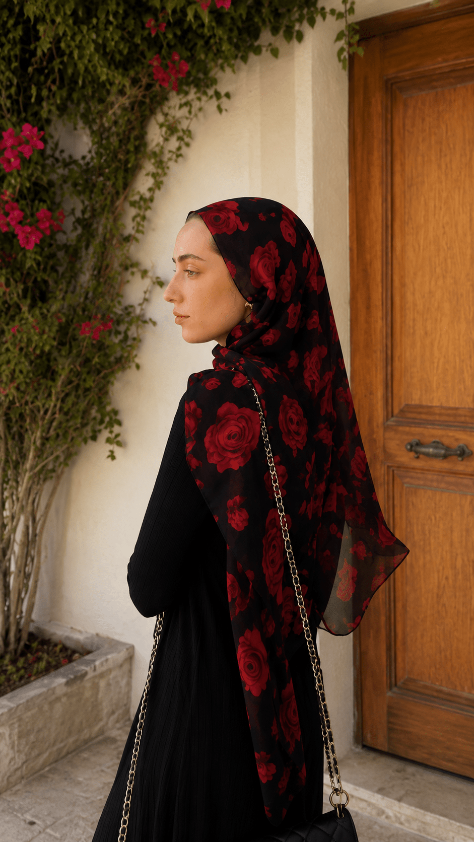 Black Red Rose Floral hijab shawl - view 3