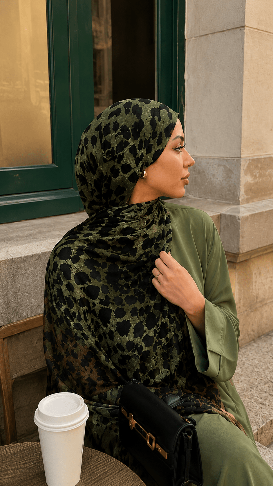 Olive Green Black Jungle Leopard Print hijab shawl - view 2