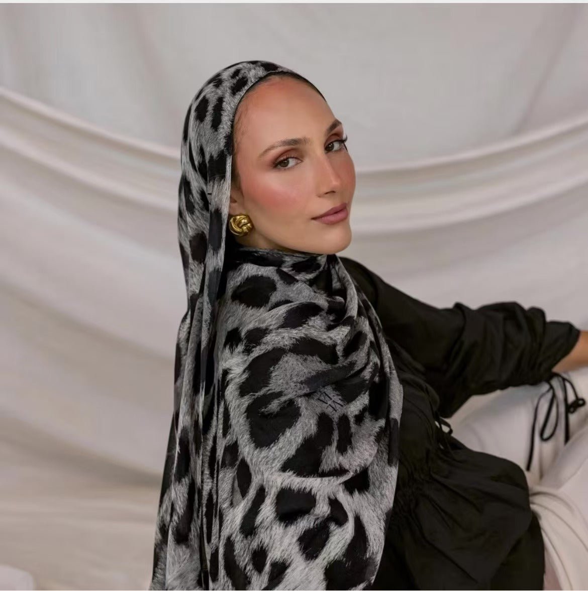 Silver Grey Black Snow Leopard Print hijab shawl - view 1