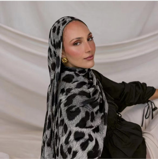 Silver Grey Black Snow Leopard Print hijab shawl - view 1