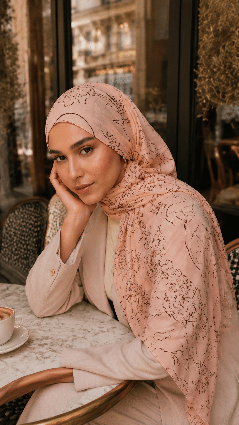 Nude Pink Brown Peony Line Art hijab shawl - view 4