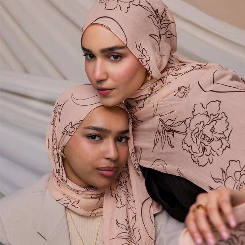 Nude Pink Brown Peony Line Art hijab shawl - view 1