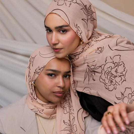 Nude Pink Brown Peony Line Art hijab shawl - view 1