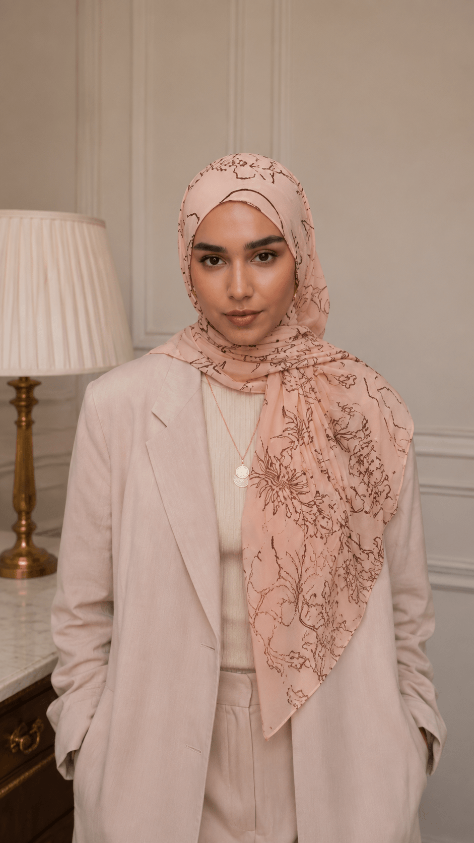 Nude Pink Brown Peony Line Art hijab shawl - view 2