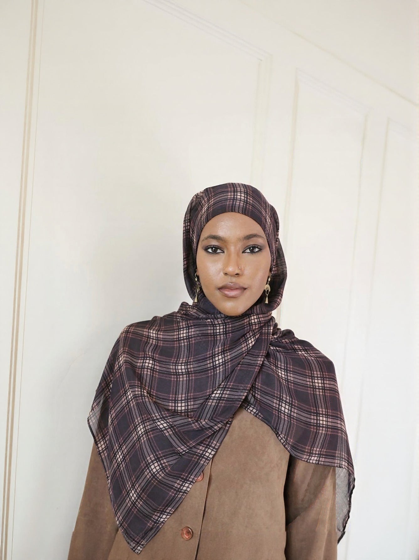 Dark Grey Blue Brown Tartan Plaid hijab shawl - view 1