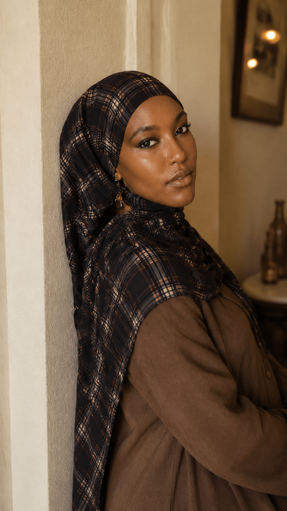 Dark Grey Blue Brown Tartan Plaid hijab shawl - view 3